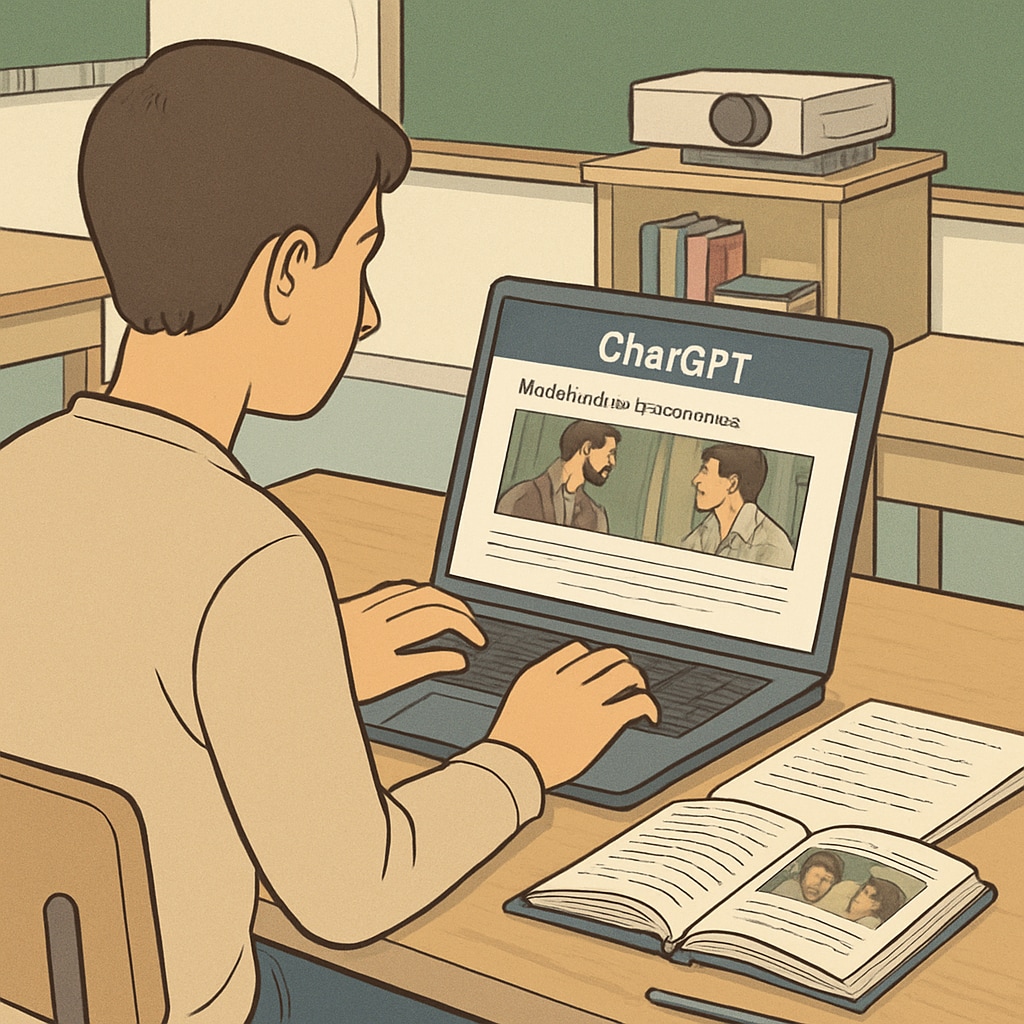 Student analyzing a film scene with ChatGPT for media literacy education.