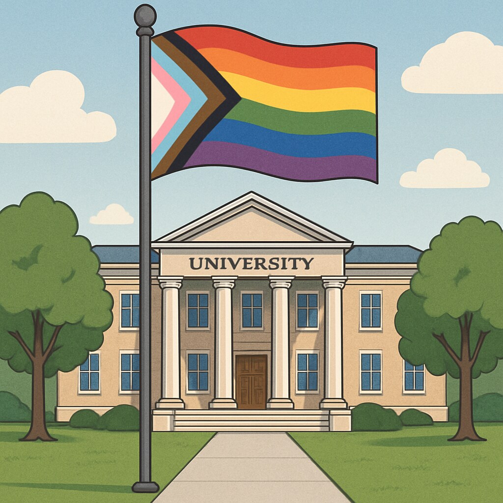 A symbolic image of a pride flag in front of a university building, representing inclusivity and diversity. A pride flag in front of a university building, symbolizing inclusivity and diversity.