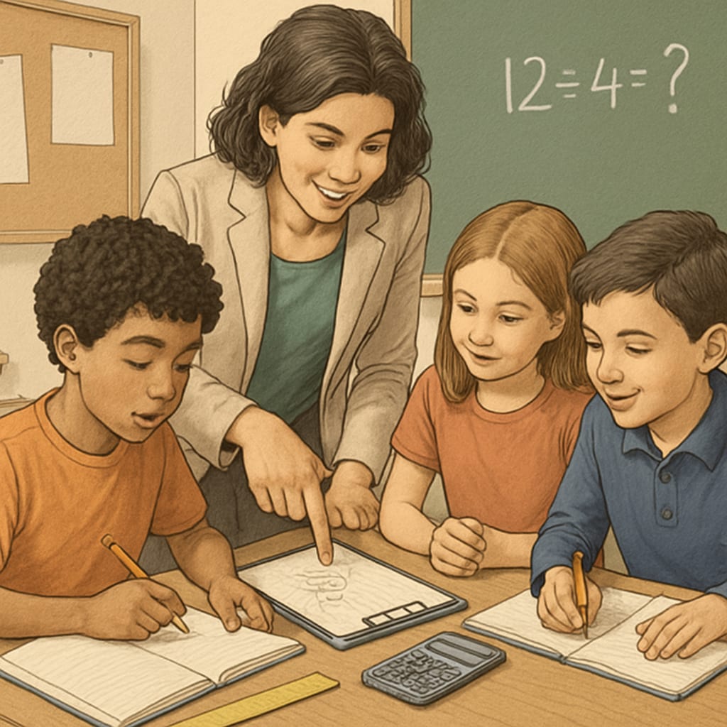 A teacher engaging students in a collaborative math activity, emphasizing teamwork and problem-solving. A teacher guiding students through a hands-on math problem-solving activity.