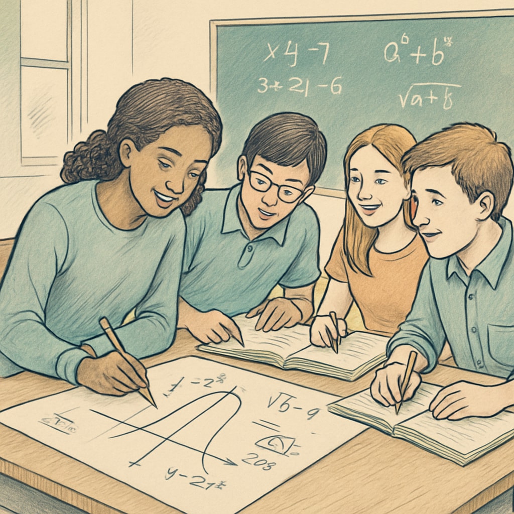 Students working together on a group math project, showcasing collaboration and engagement. Students collaborating during a math project, exploring solutions together.