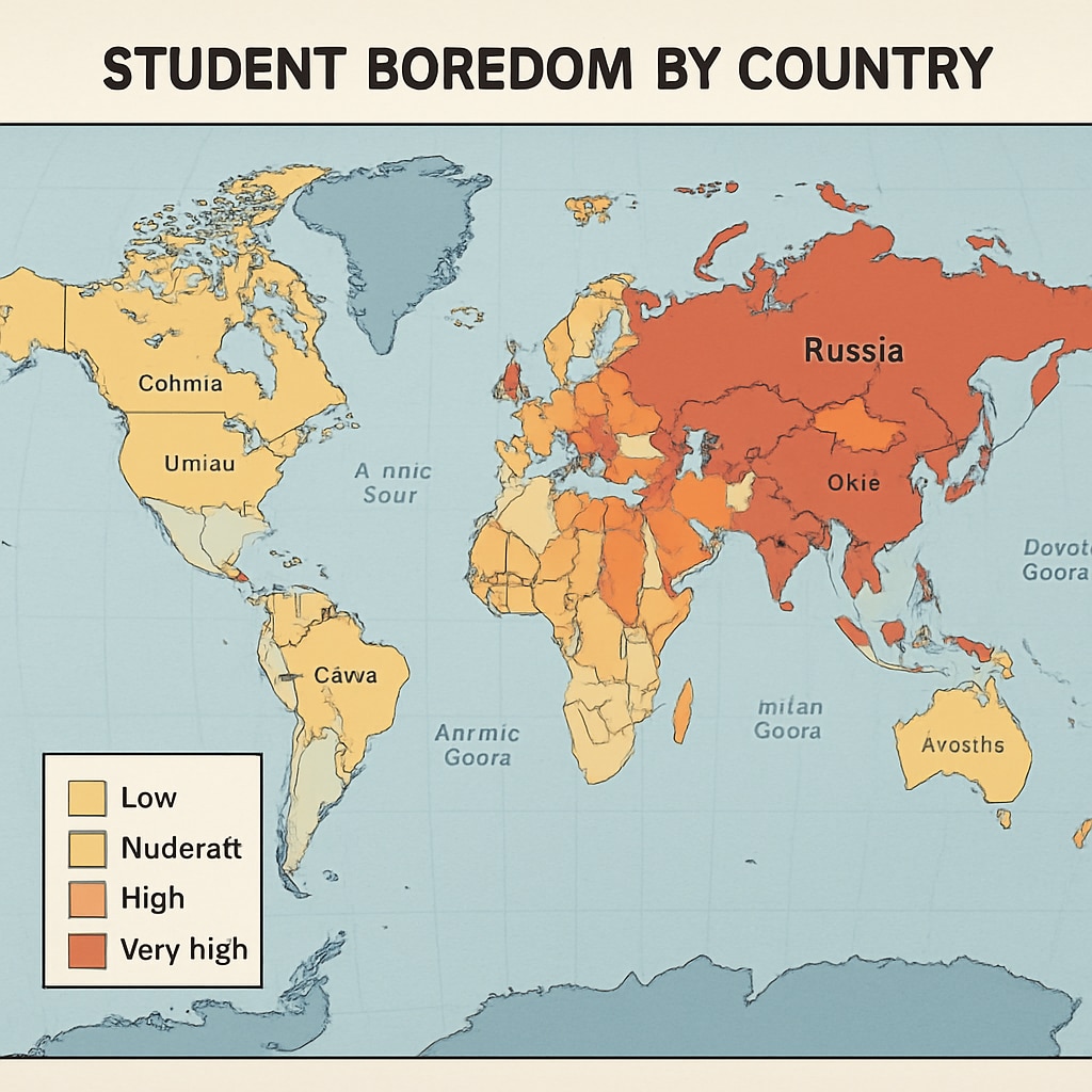 A world map showing countries with varying levels of student boredom based on cross-national research data. Global map illustrating student boredom in different countries according to research.