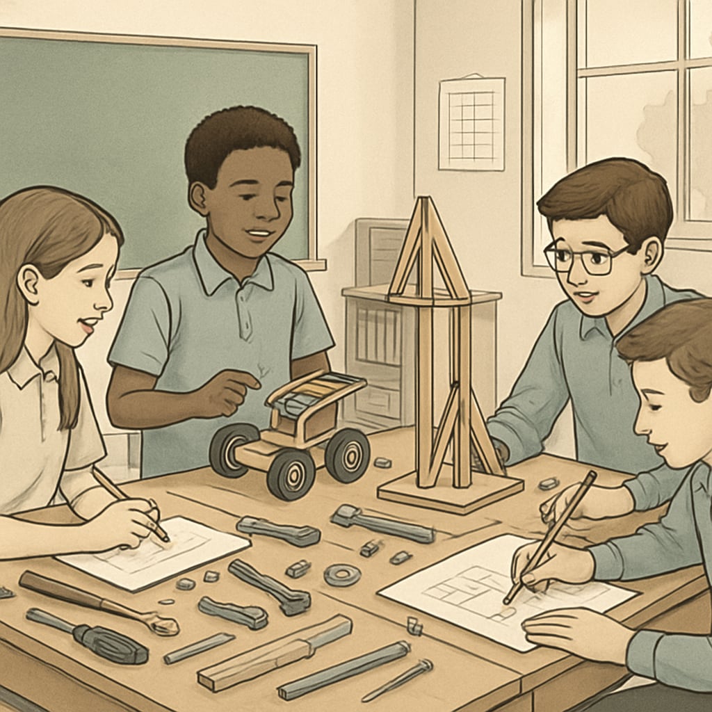 A classroom of students working collaboratively on a STEM project, emphasizing hands-on learning in engineering design thinking. Students participating in a STEM project on engineering design thinking.
