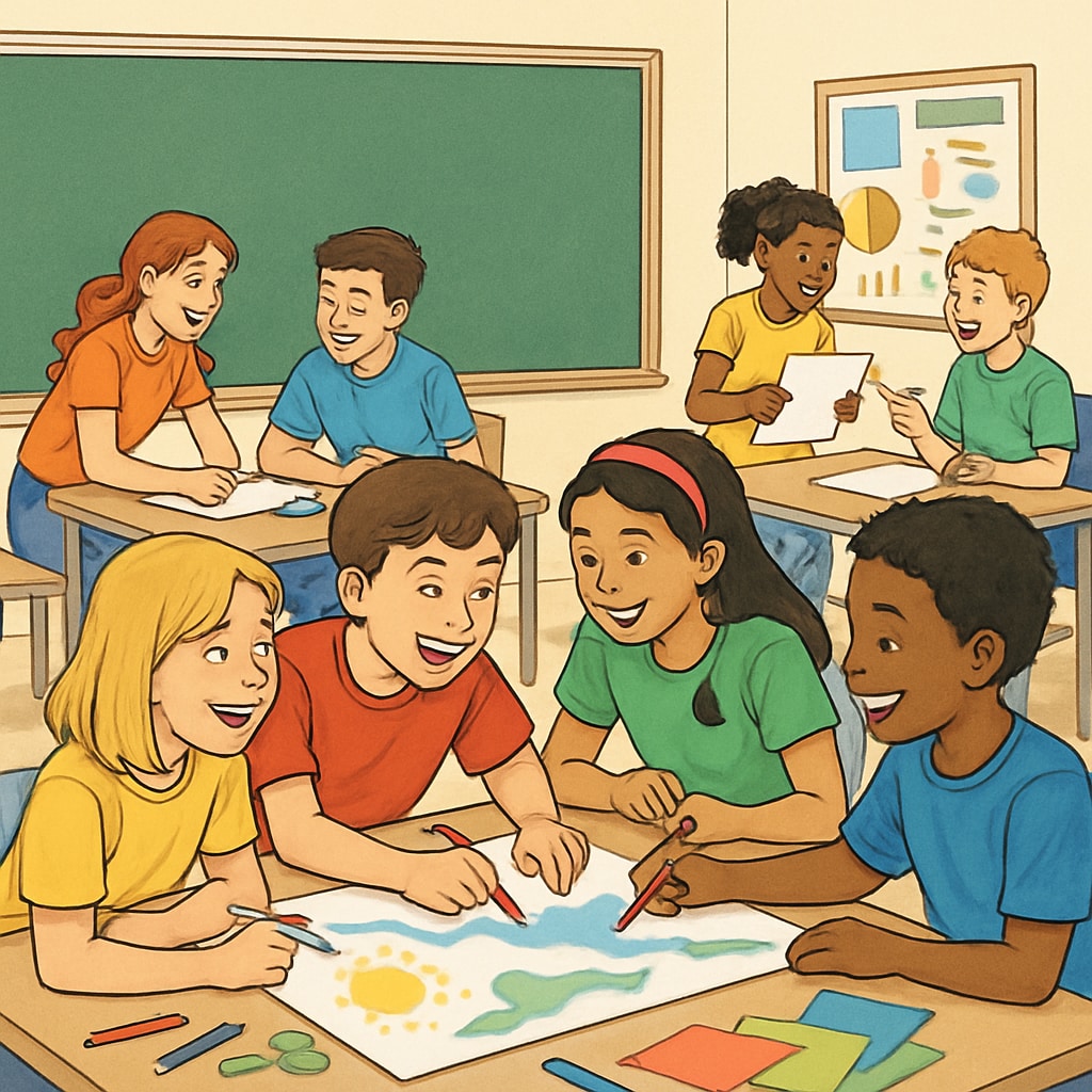 A classroom with students actively participating in a creative group activity, representing an engaging and boredom-free environment. Students engaged in a creative classroom activity, reducing boredom through interactive learning.