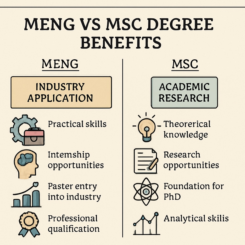 A side-by-side comparison of MEng and MSc degree benefits, illustrating their respective focuses on industry application and academic research. Comparison chart of MEng and MSc benefits.