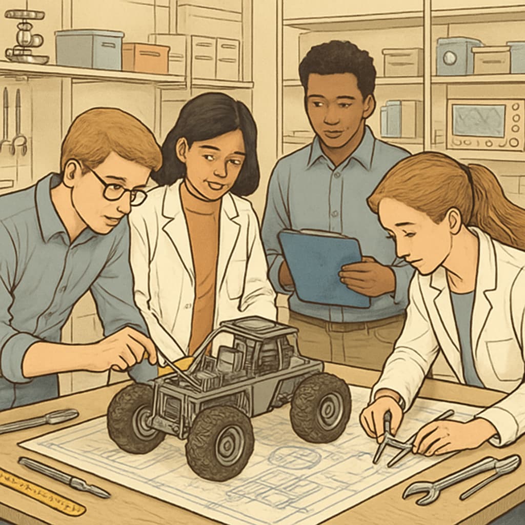 A group of design engineering students collaborating on a prototype in a university laboratory. Design engineering students working on a prototype, highlighting hands-on learning.
