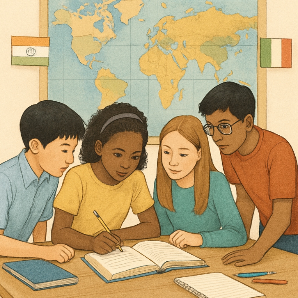 A diverse group of K12 students engaging in an international classroom setting, emphasizing global education opportunities. K12 students in an international classroom setting discussing 留学中介,美国,硕士.