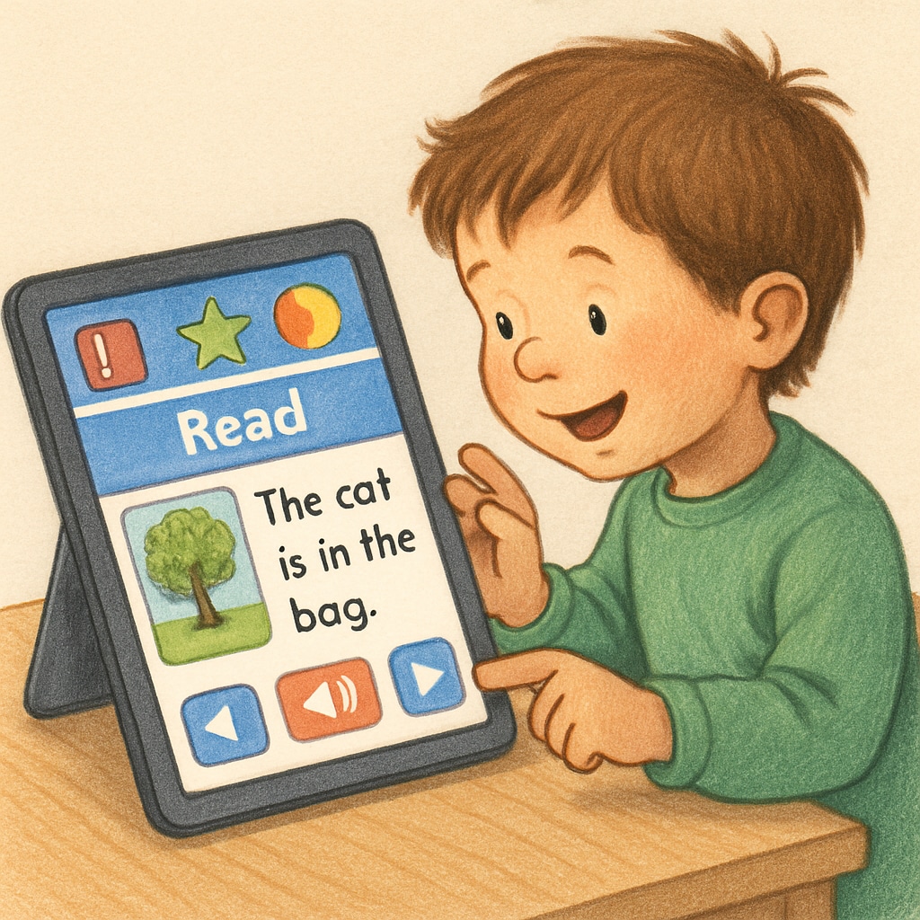 A child enthusiastically using a tablet with a colorful reading app interface. A child using a children's reading app on their Android tablet.
