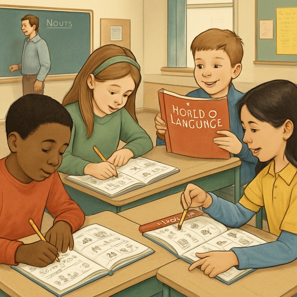 Elementary students engaging with a language workbook in a classroom setting, highlighting the hands-on approach of Students using