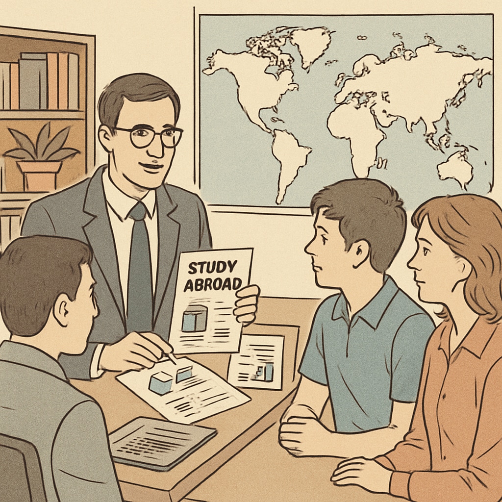 A professional advisor discussing study abroad options with a family, showcasing personalized 留学中介 guidance. Study abroad advisor consulting with a family about 留学中介,美国,硕士 opportunities.