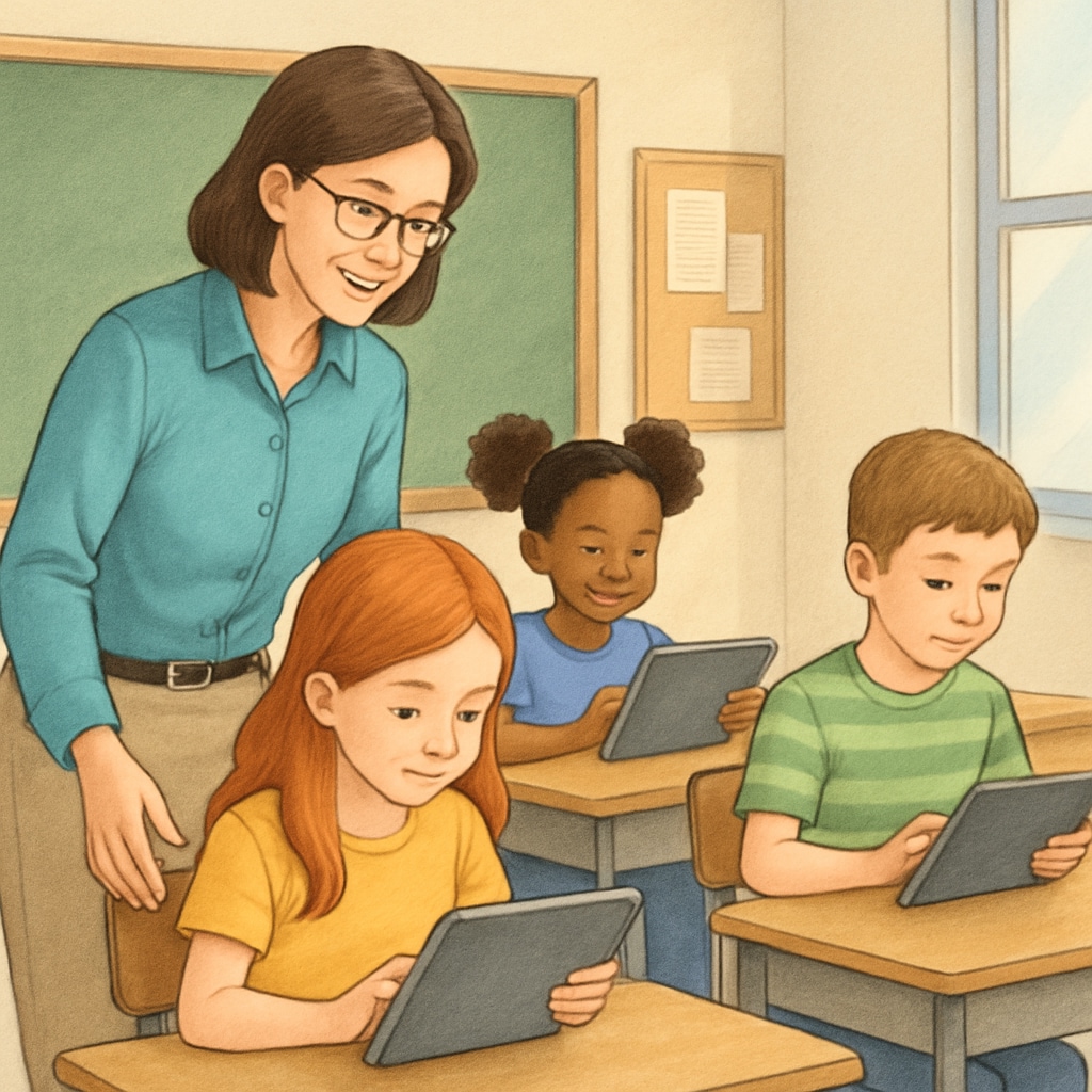 A teacher guiding children as they read from tablets in a classroom setting. Children and a teacher exploring a children's reading app in a classroom.