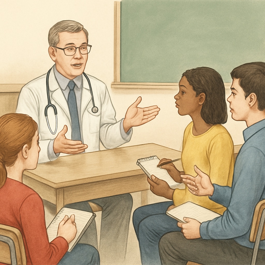 A group of students interviewing a doctor in a classroom setting, highlighting interaction and engagement. Students engaging with a doctor during a school-based medical career interview project.