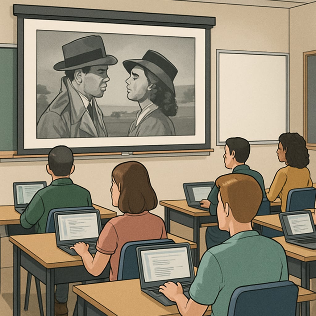 A classroom with students using laptops while analyzing a movie scene projected on a screen. Students learning media literacy and visual storytelling through AI prompts in a classroom setting.
