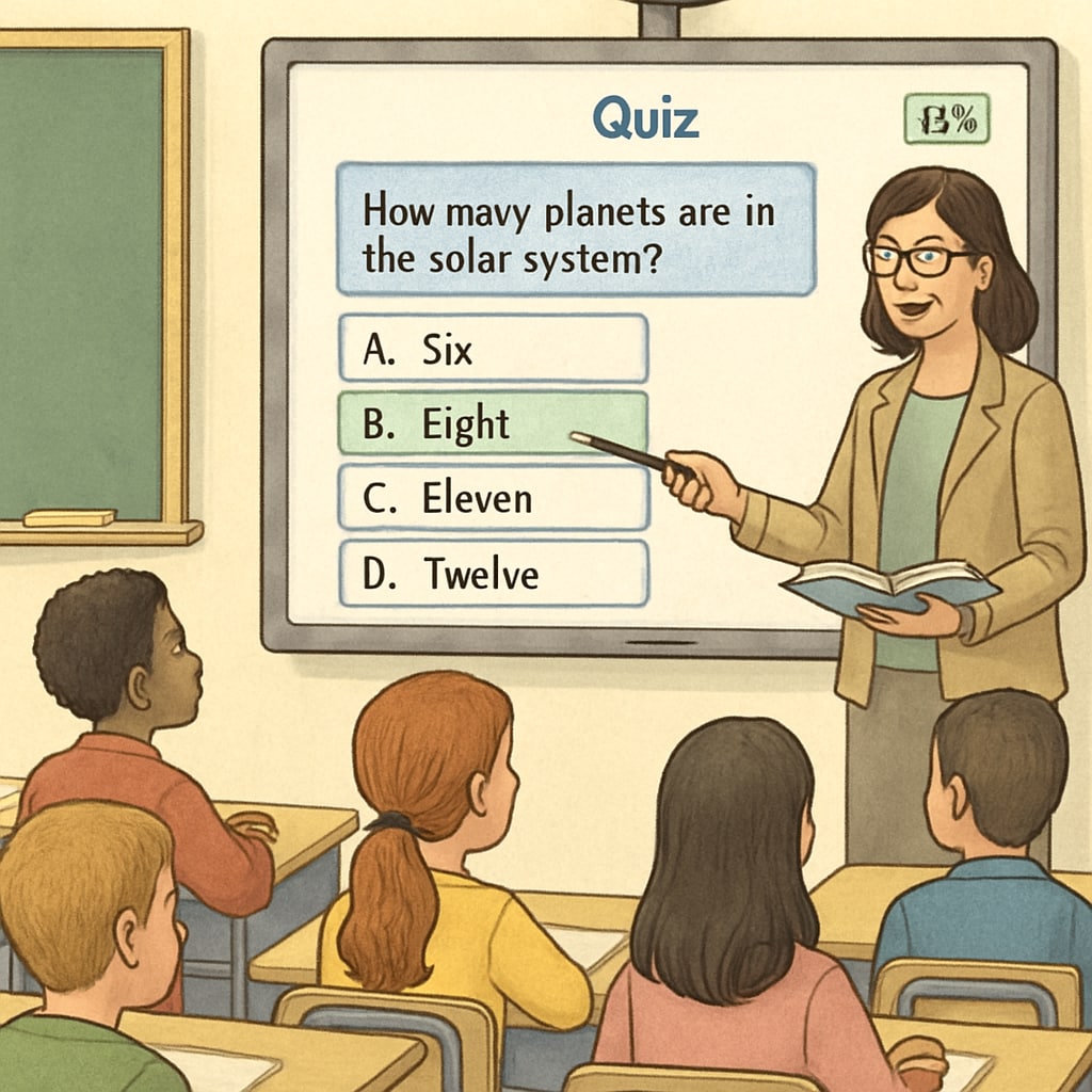 A teacher using an interactive quiz tool on a smartboard in a classroom of attentive students. Interactive quiz tool for K12 students used in a classroom setting.