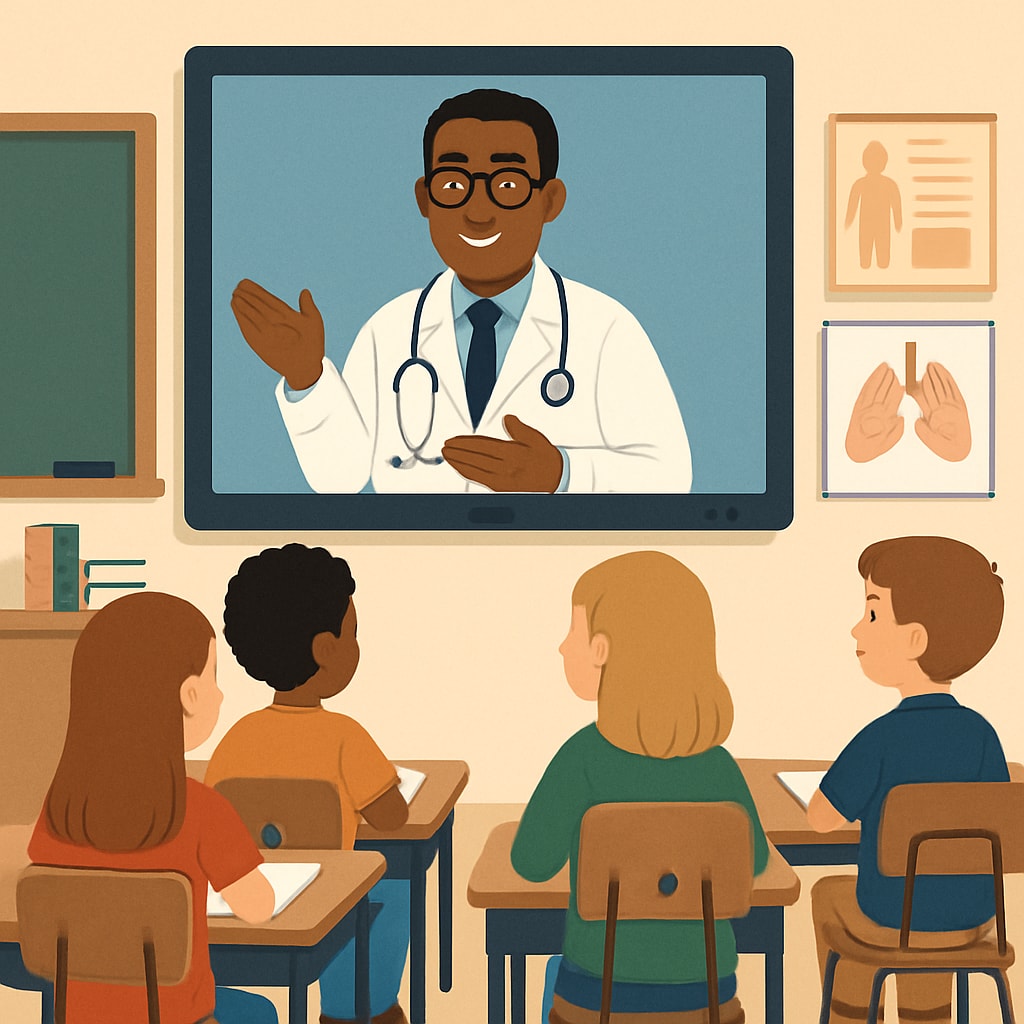 A classroom setting where students are video conferencing with a doctor, fostering engagement and curiosity about medical careers. Students engaging with a doctor via video call to explore medical careers.