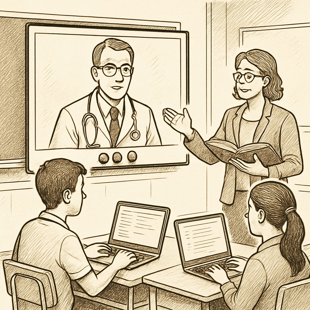 An educator facilitating a virtual interview between students and a doctor, showcasing technology integration in education. Virtual medical career interview with students and a healthcare professional.