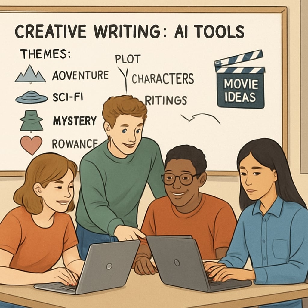 Students collaborating on a creative writing project using AI tools, with a whiteboard displaying movie-related themes. High school students using AI tools for collaborative storytelling and media analysis.