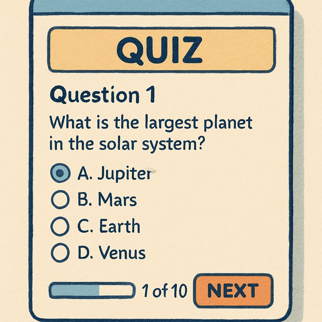 A close-up of a digital quiz interface showing questions, answers, and progress tracking for students. Digital quiz interface for K12 students with progress tracking.