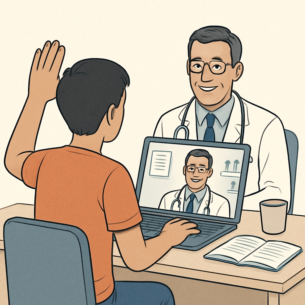 A student raising a question during a virtual Q&A session with a practicing physician, emphasizing communication and curiosity. Student asking a question to a doctor during a virtual career exploration session.