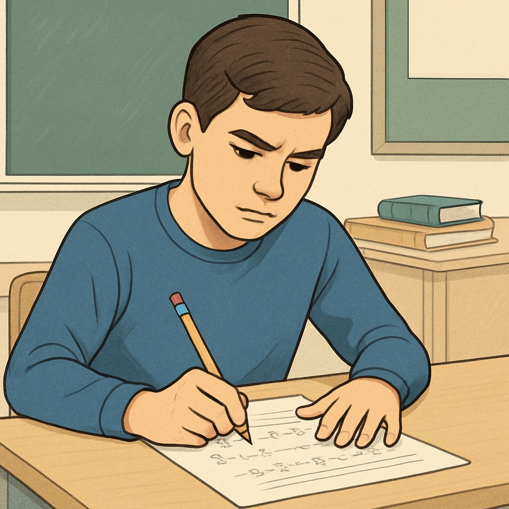 A focused high-school student working on a math exam with a pencil and a calm demeanor. A student focusing on a math exam to overcome math anxiety and multiple-choice stress.