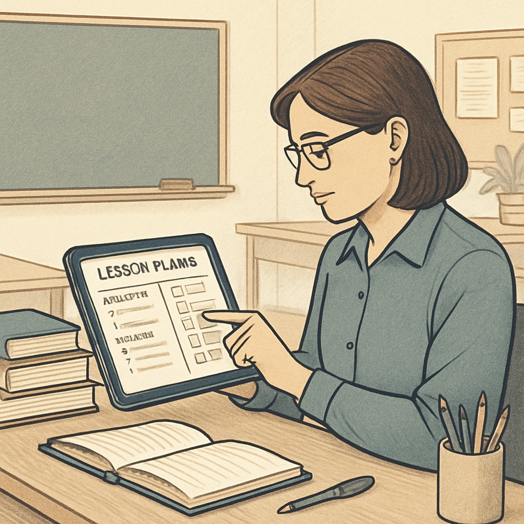 A teacher sitting at a desk, using a tablet with education software to organize lesson plans Teacher using EdChanger Pro application to enhance teaching efficiency