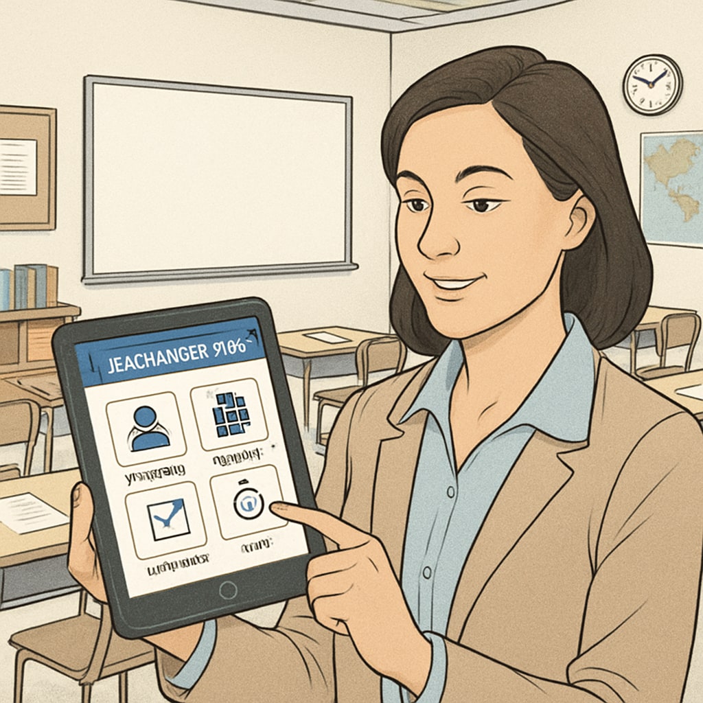 A teacher using EdChanger Pro on a tablet, demonstrating its classroom management features. A teacher using EdChanger Pro education application in a classroom setting.