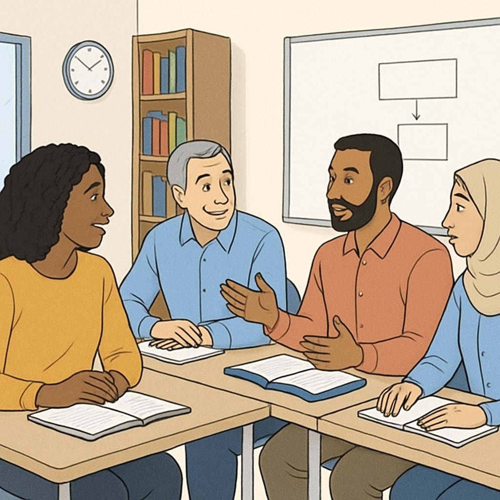 Adult learners in a classroom discussing foundational knowledge and cultural adaptation.