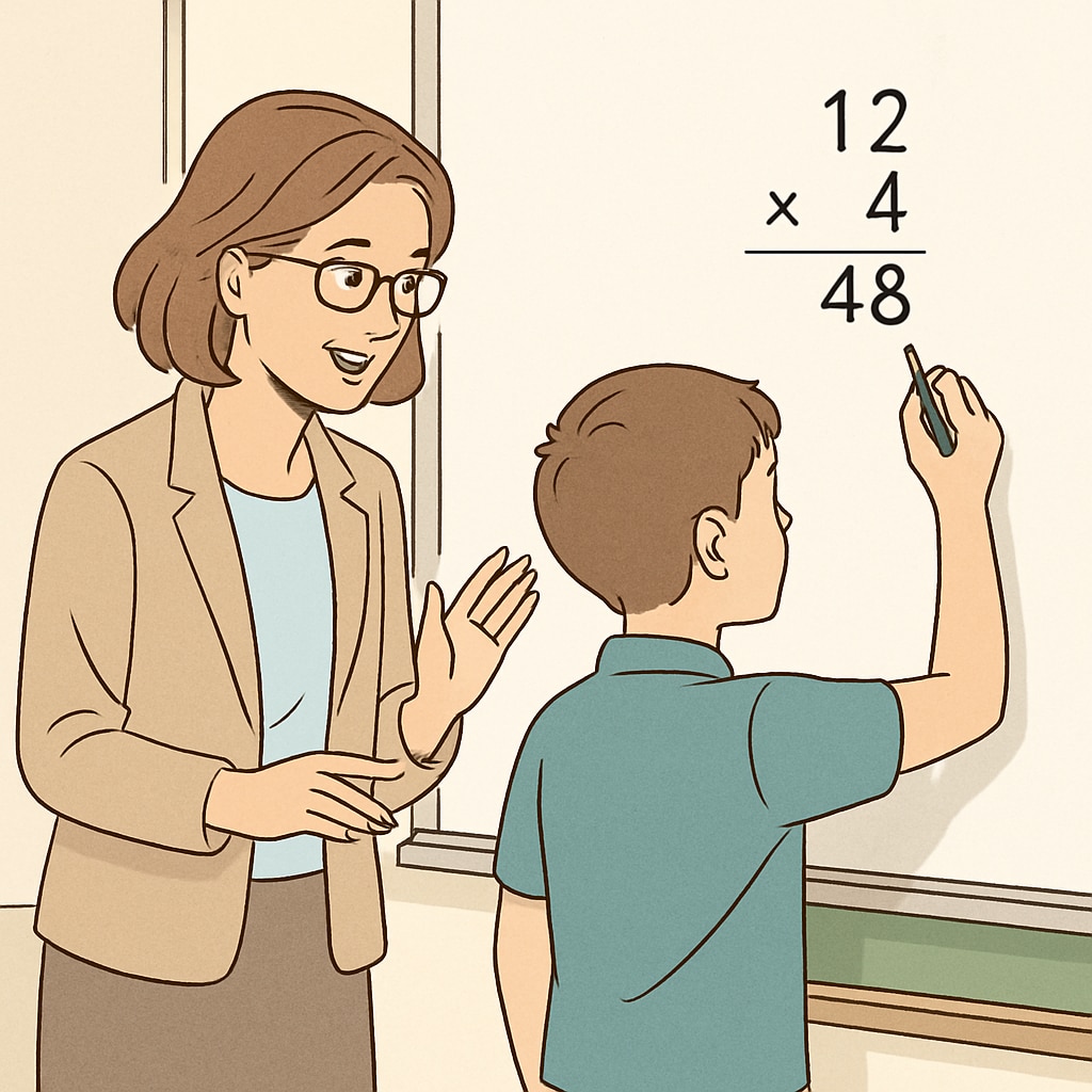 An encouraging teacher helping a student understand a math problem on a whiteboard. A teacher assisting a student with math problems to build confidence and reduce exam anxiety.