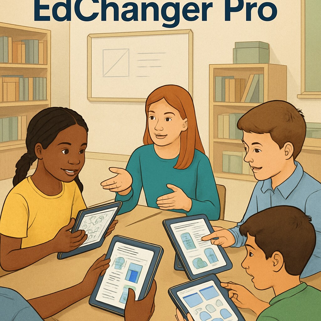 Students engaged in a group activity using tablets powered by EdChanger Pro. Students using EdChanger Pro education app for collaborative learning activities.