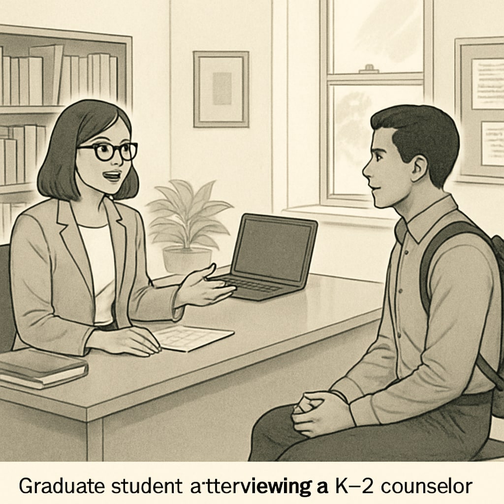 A professional setting with a graduate student interviewing a K-12 counselor in a school office. Graduate student interviewing a K-12 school counselor in a school office.