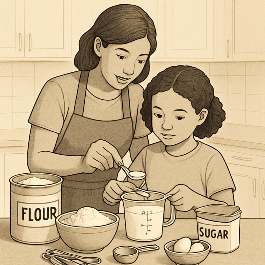 A parent teaching their child how to measure ingredients for baking, emphasizing practical math applications in daily life. Parent and child baking together, showcasing math applications in cooking.