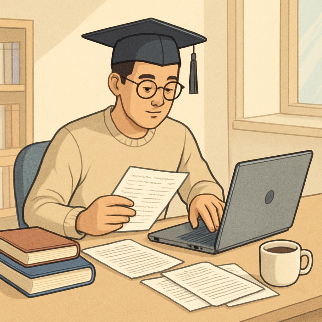 A graduate student reviewing notes and setting up a laptop for a virtual interview. Graduate student preparing for a virtual interview with a K-12 school counselor.