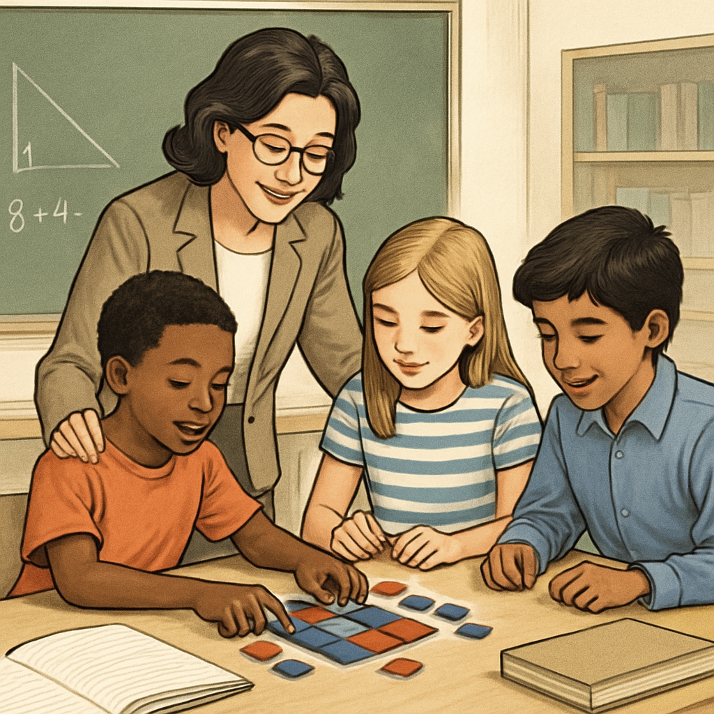 A teacher guiding students through a hands-on math puzzle, helping them develop problem-solving skills. Educator and students working on a math puzzle to enhance critical thinking.