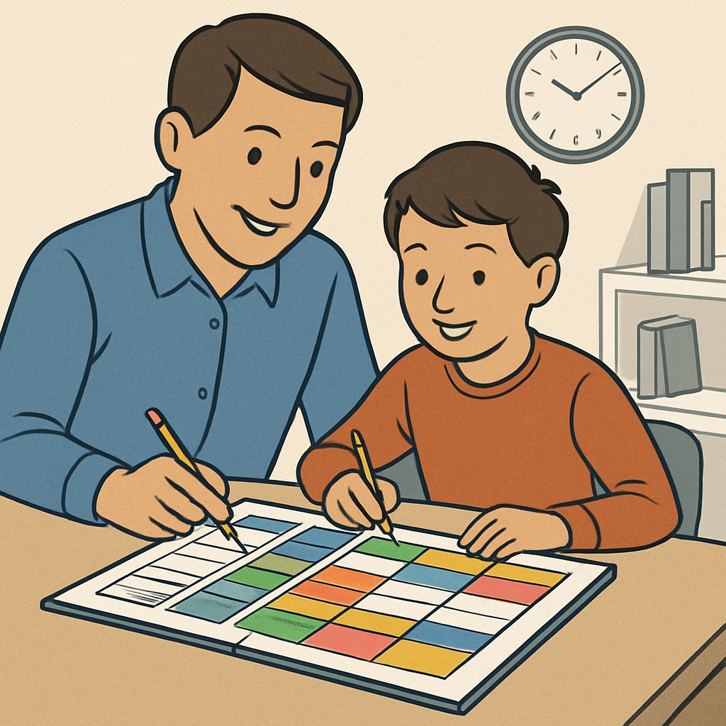 A parent and child working together on a structured planner, symbolizing organization and executive function development. Parent and child collaborating on a planner for executive function support.
