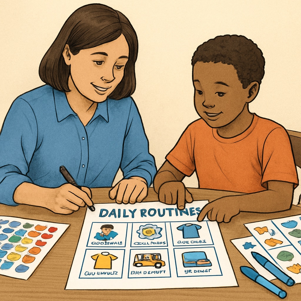 A parent and child collaborating on a visual schedule to support daily routines. Parent and child working on a visual schedule for executive function development.
