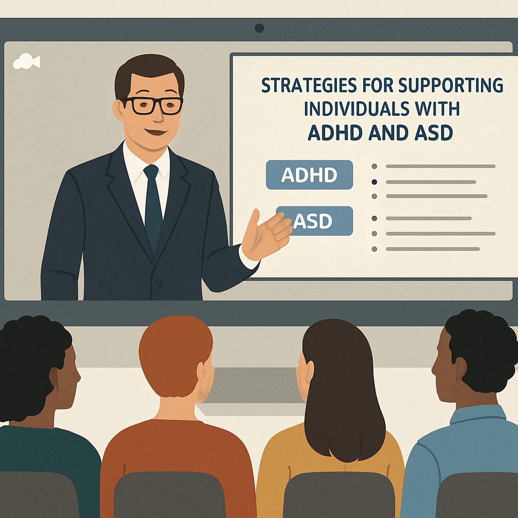 A virtual conference screen showing a speaker presenting strategies for ADHD and ASD support to an engaged audience. Speaker presenting ADHD and executive function strategies at an online summit.