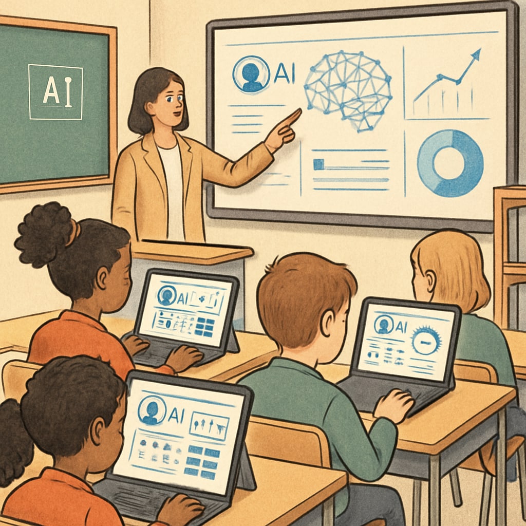 An AI-powered classroom with students interacting with personalized learning software; emphasis on individual devices and adaptive technology. Students using AI-driven personalized learning tools in a futuristic classroom.