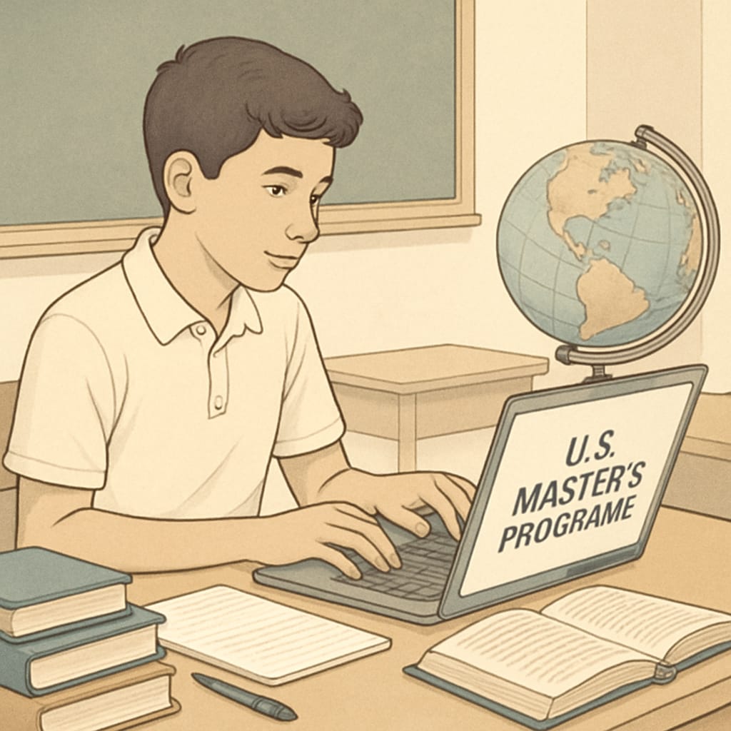 A high school student researching U.S. master's programs on a laptop, symbolizing early preparation. High school student preparing for U.S. master's applications.