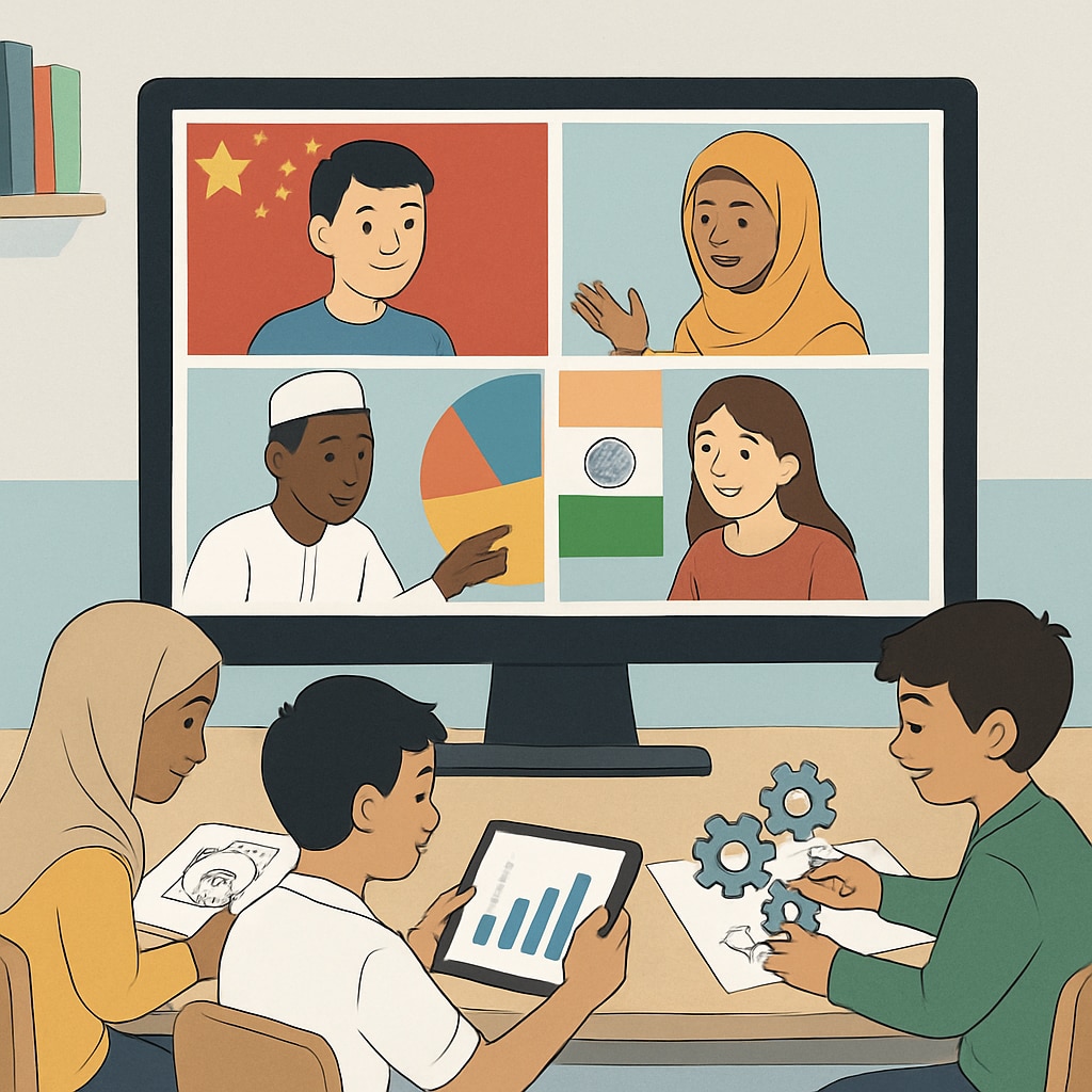 A virtual global classroom with students from different countries collaborating on projects; showcasing diverse cultural representation. Virtual classroom with global collaboration through AI-driven tools.