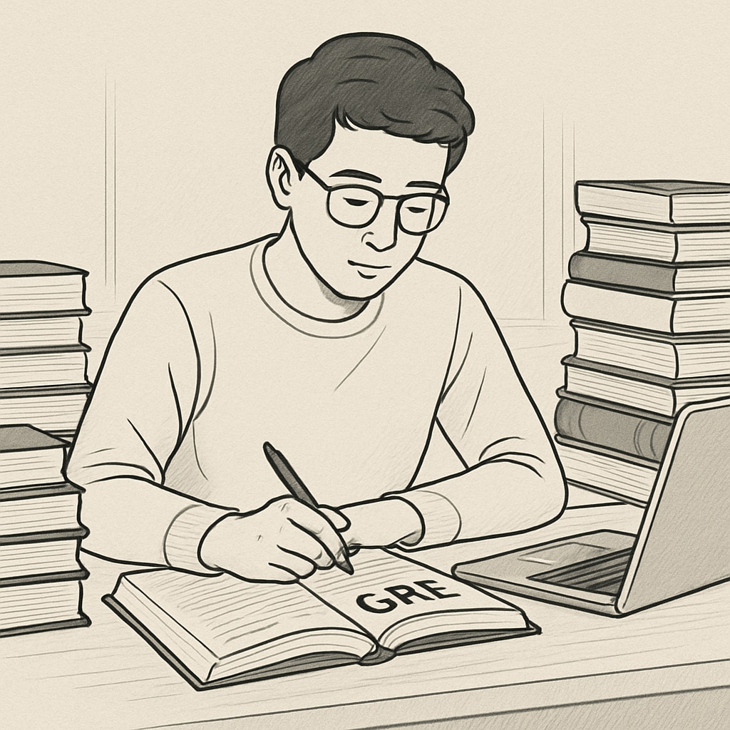 A student surrounded by books and a laptop, preparing for the GRE as part of their master's application strategy. Student studying for GRE for U.S. master's application.