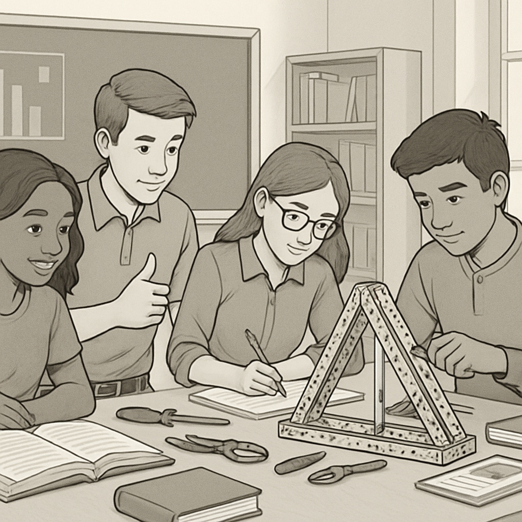 A classroom setting showing students working collaboratively on a project that combines technical skills and academic analysis. Students working on integrated vocational and academic projects in a classroom.