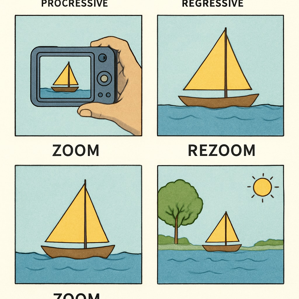 A sequence of illustrated cards showing the Zoom and ReZoom process, highlighting progressive and regressive visual storytelling. Zoom and ReZoom teaching activities visual storytelling cards