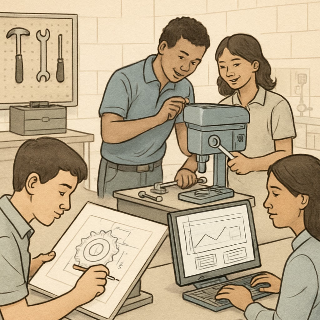 Students participating in a hands-on workshop, where they apply academic principles to vocational tasks, such as designing machinery or analyzing software performance. Students engaged in vocational tasks that integrate academic principles.