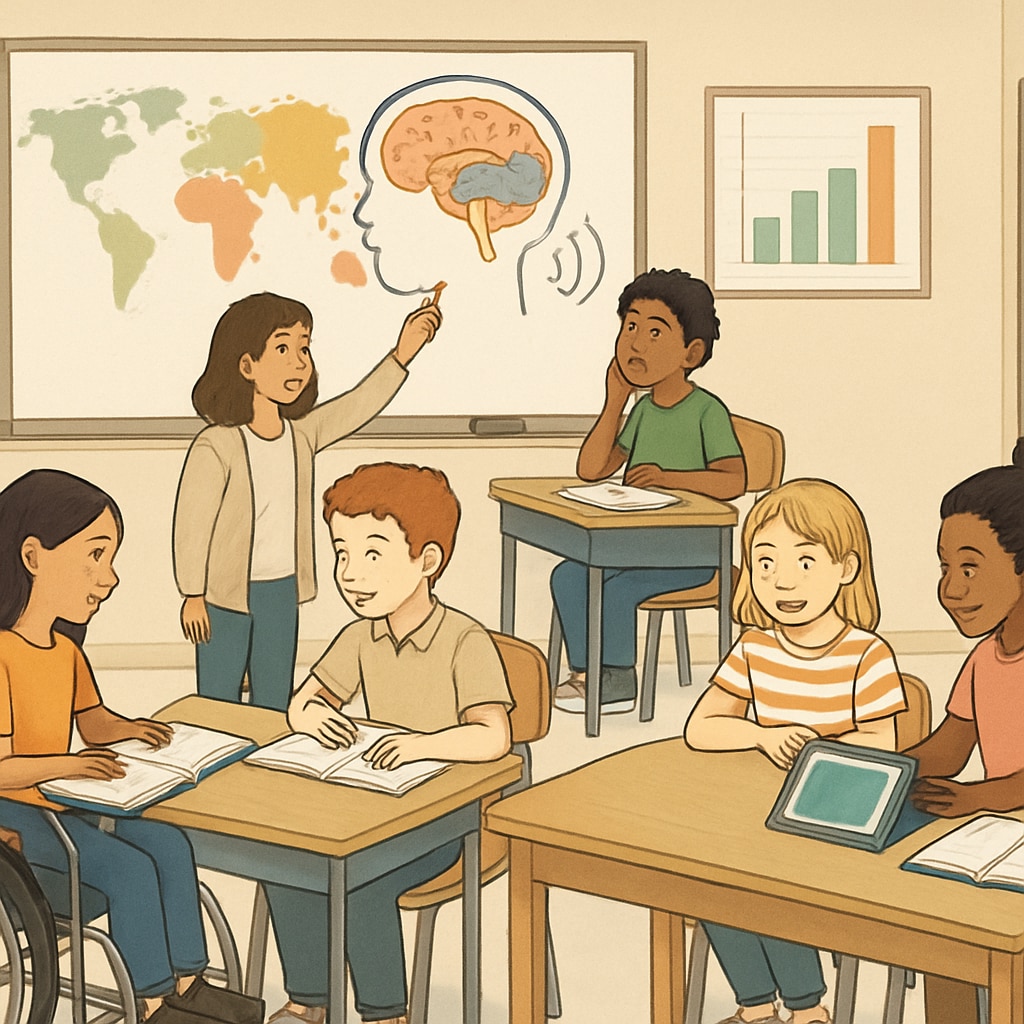 A conceptual illustration of a diverse classroom with students demonstrating various learning styles, symbolizing inclusive education. Inclusive education classroom showing diverse students, including gifted and ADHD traits.