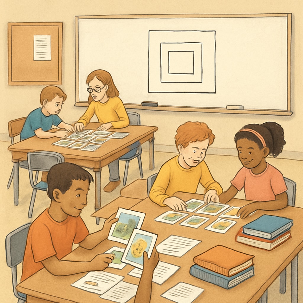 A classroom setting where students are actively engaged in reconstructing Zoom/ReZoom sequences, collaborating in small groups. Students working on Zoom/ReZoom activities in a classroom setting.