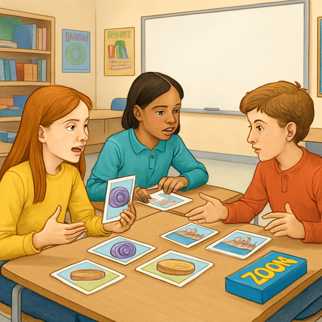 A classroom setting with students collaborating on Zoom or ReZoom image cards, discussing their observations and strategies. Students engaging in Zoom and ReZoom activities in a classroom
