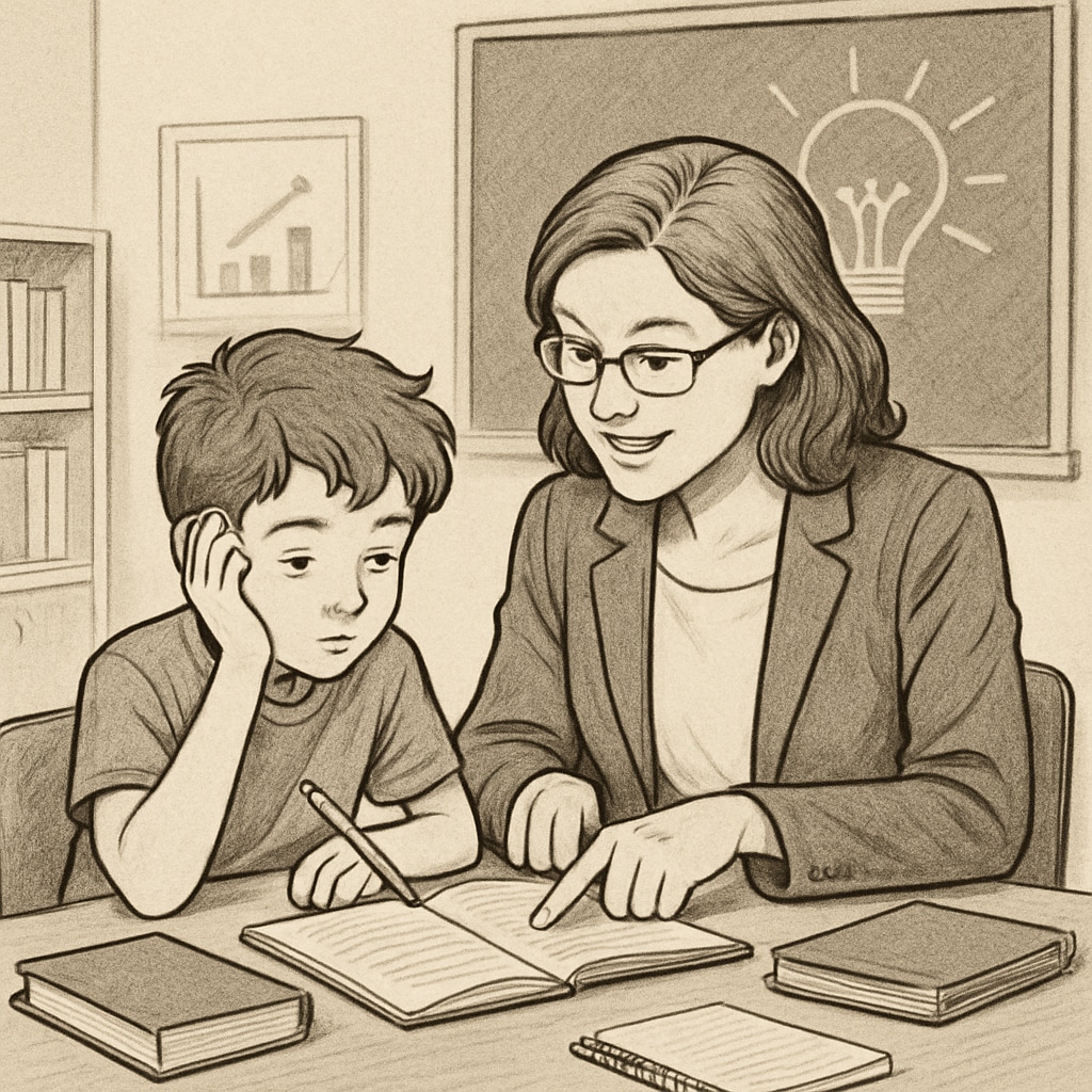 A teacher engaging with a student one-on-one, illustrating tailored educational support for children with ADHD and gifted traits. Teacher providing personalized guidance to a student with ADHD and gifted traits.