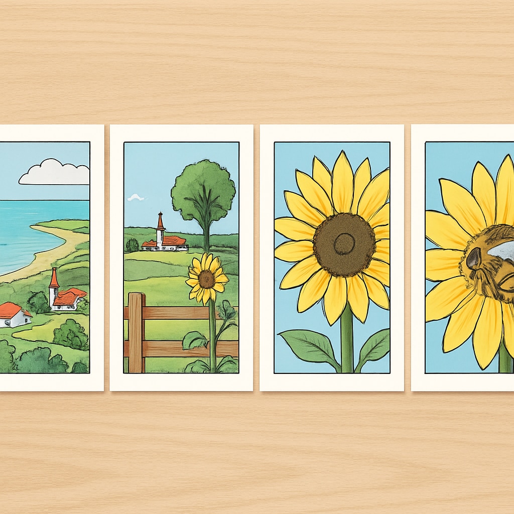 Zoom/ReZoom book illustrations laid out on a table, showing the progression from zoomed-out to zoomed-in perspectives. Zoom/ReZoom images demonstrating the concept of progressive zooming.