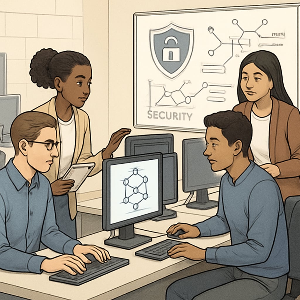 A professional image of university students working on cybersecurity projects in a computer lab. University students collaborating on cybersecurity projects in a high-tech lab, showcasing the importance of practical training.