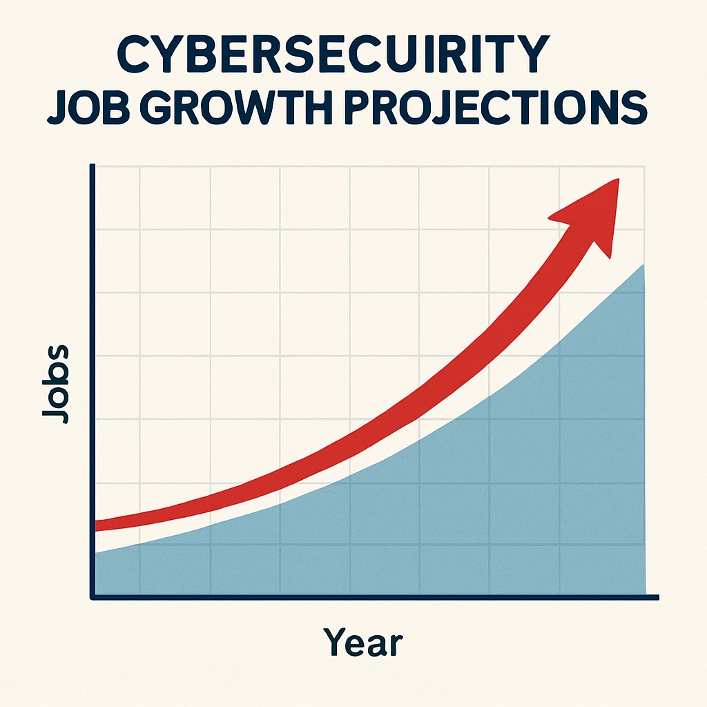 A graph showing cybersecurity job growth projections, emphasizing the increasing demand for skilled professionals in the field. Graph highlighting the projected growth of cybersecurity jobs, illustrating the need for trained professionals.