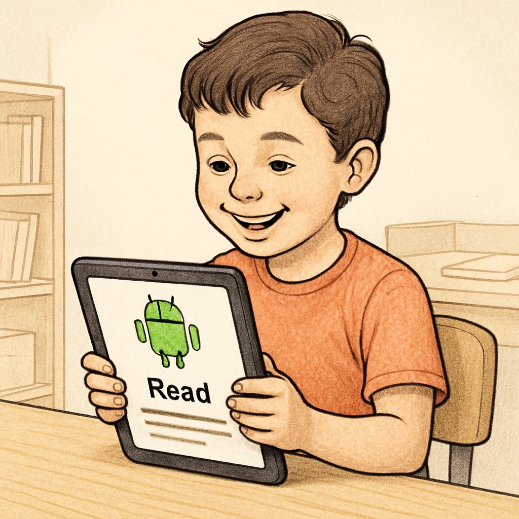 A child holding a tablet, smiling while reading on the innovative Android reading app. The image emphasizes engagement and enjoyment of digital reading for children. A child using an Android children’s reading app
